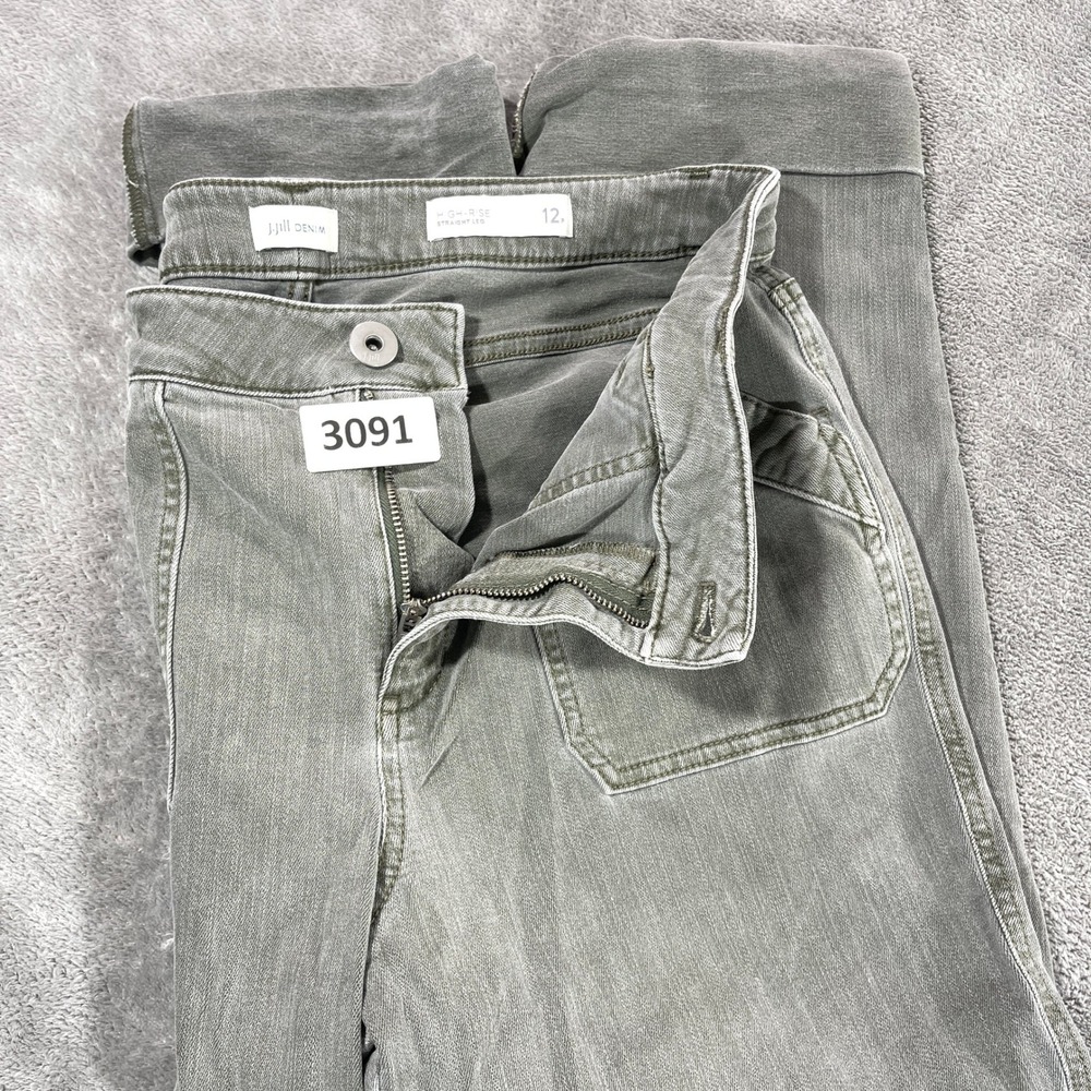 J. Jill High-Rise Straight Leg Jeans Womens 12 Gray Olive Green Utility Pockets